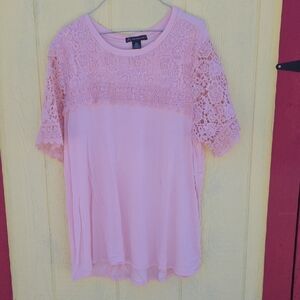 Adrianna Papelli Light Pink Lace Yoke Short Sleeve Blouse Xxl
